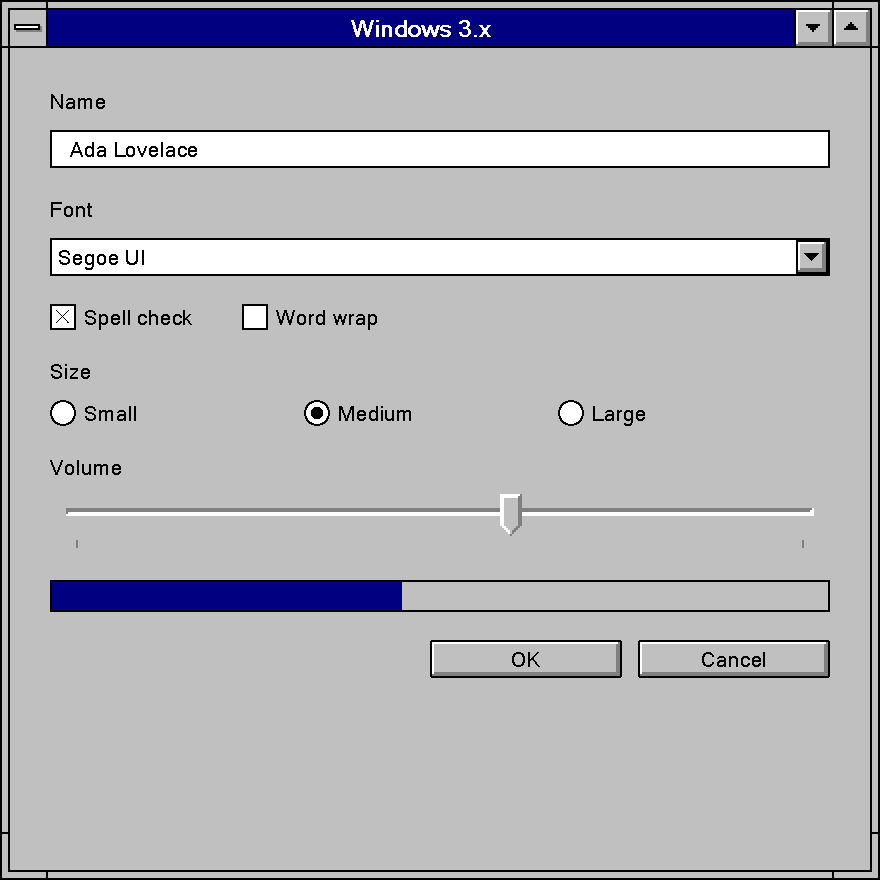 A small form drawn with ThemeVariant::Windows3x