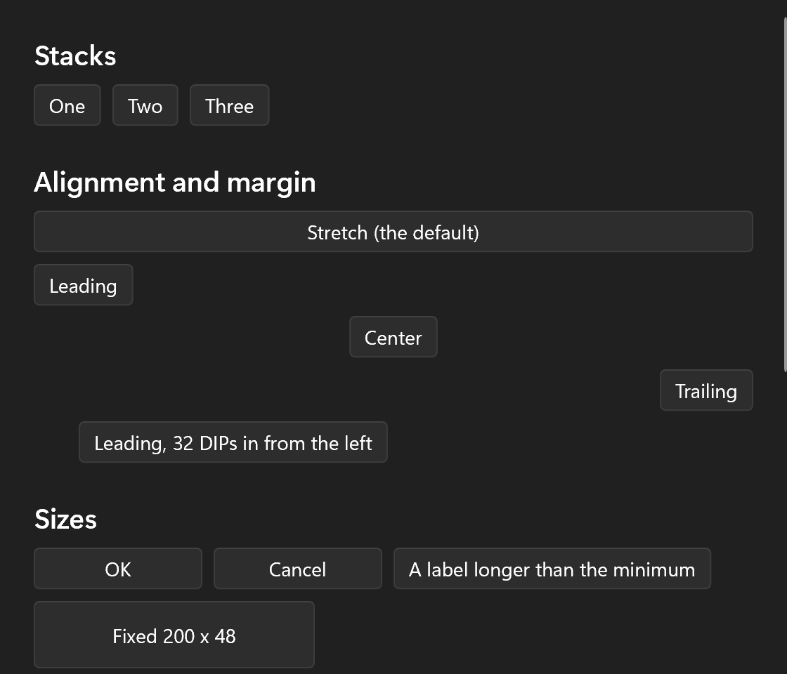 The layout example: stacks, alignment and sizes