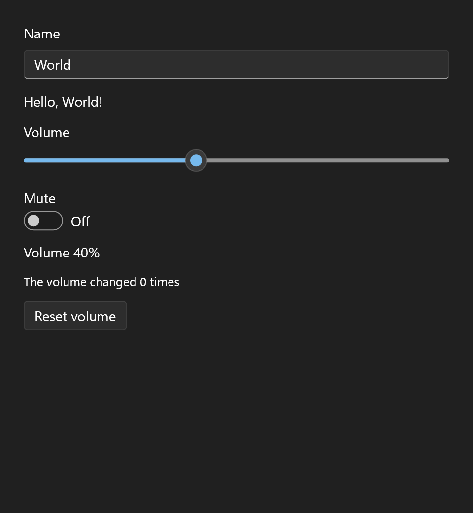 The bindings example: a greeting, a volume slider and a mute switch