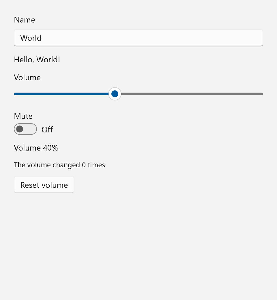 The bindings example: a greeting, a volume slider and a mute switch