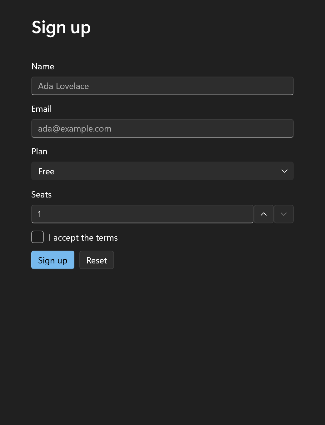The sign-up form with name, email, plan, seats and terms