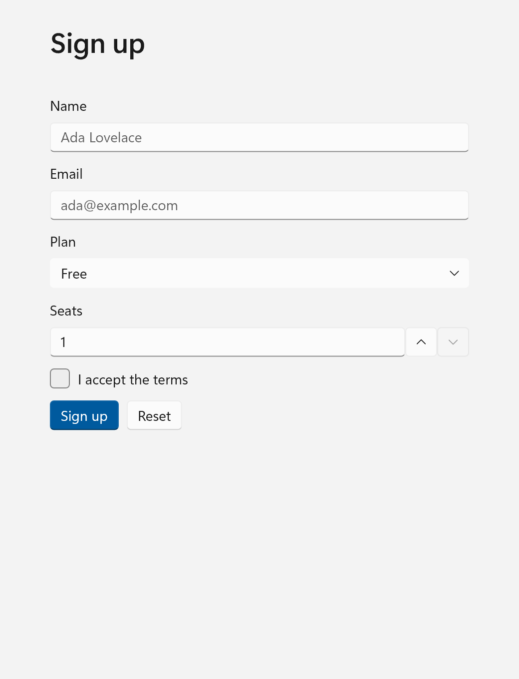 The sign-up form with name, email, plan, seats and terms
