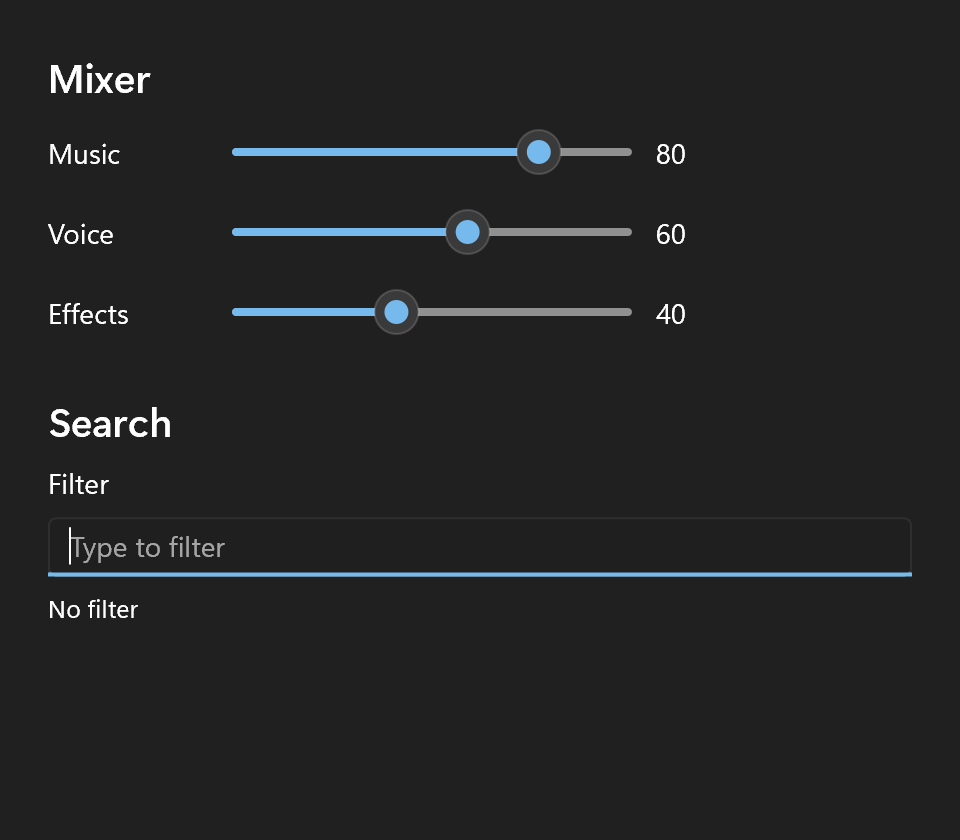 The components example: a mixer of three sliders and a search box