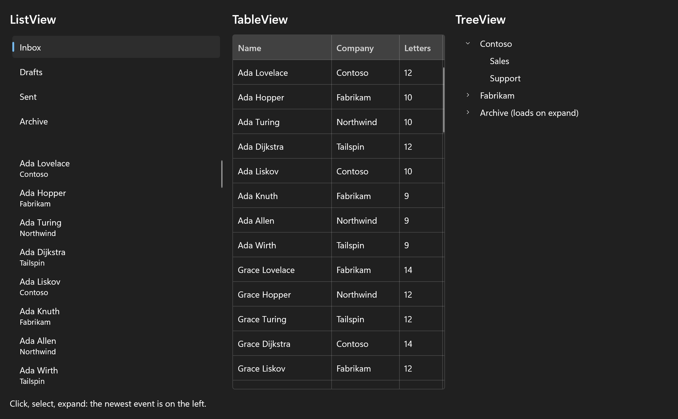 A ListView, a TableView and a TreeView side by side