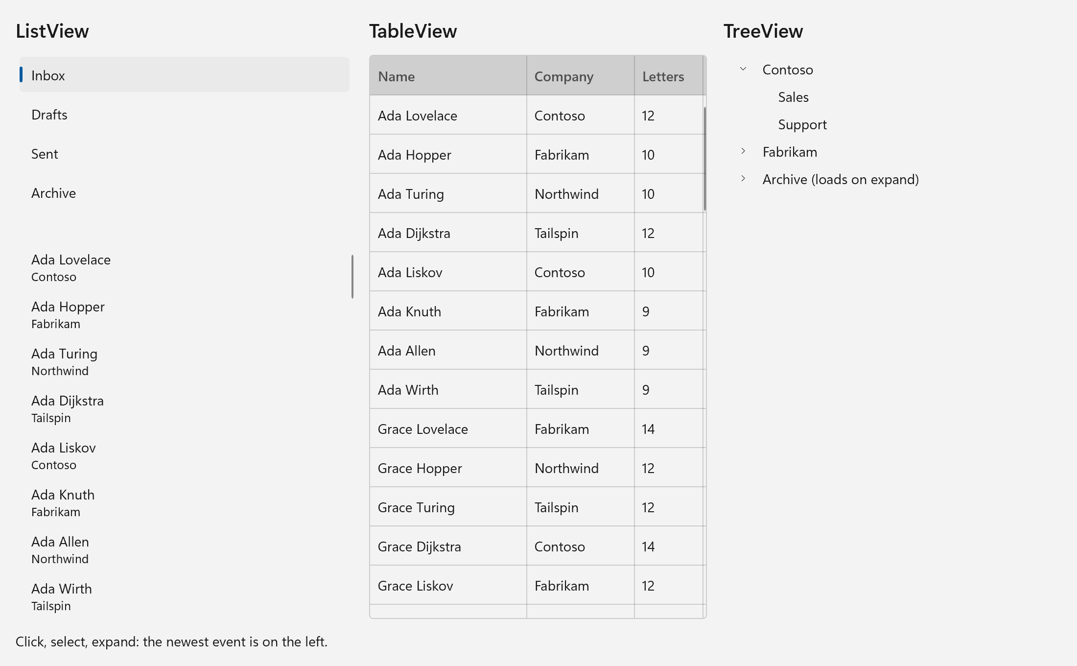 A ListView, a TableView and a TreeView side by side