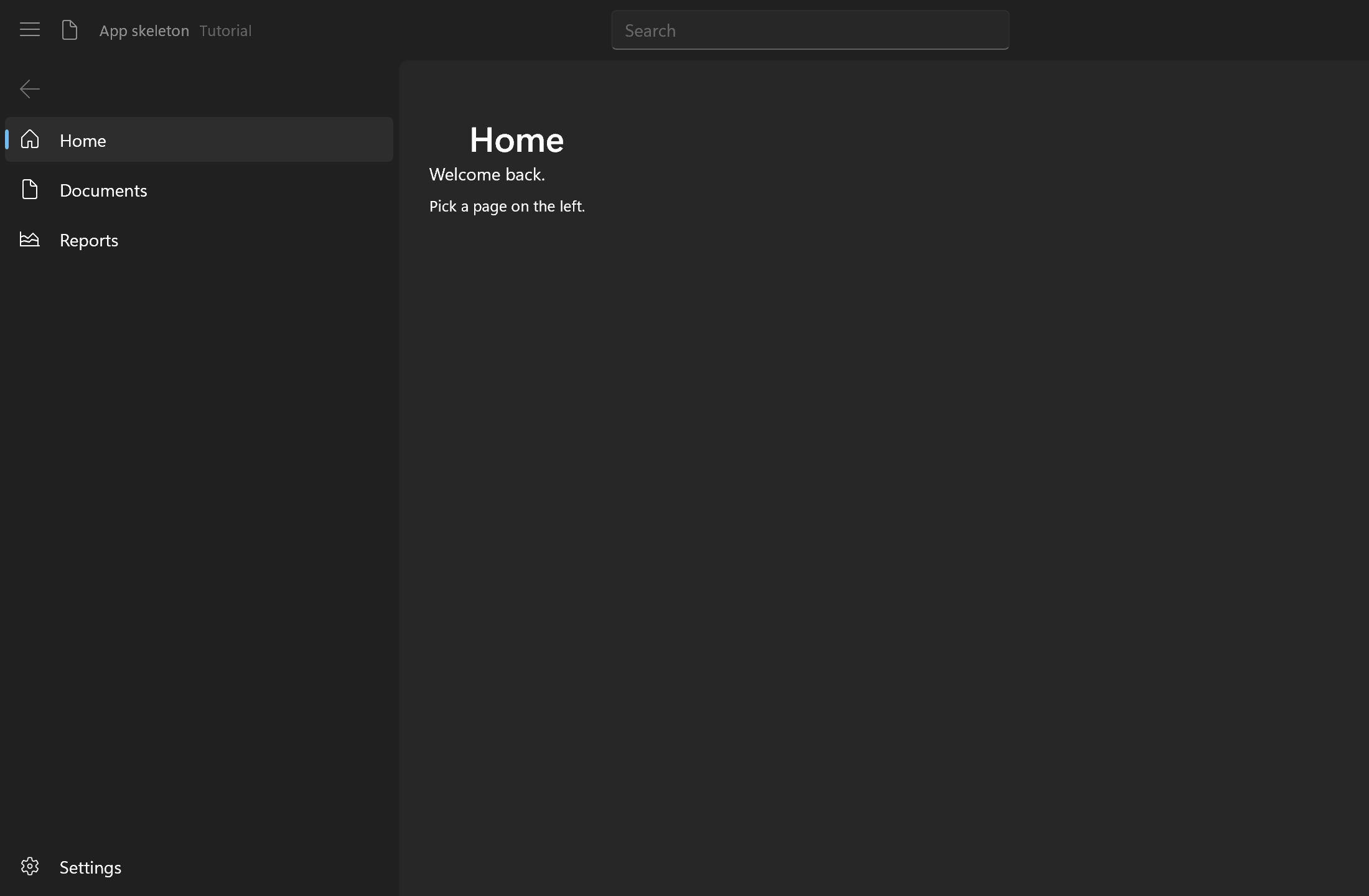 The app skeleton: a title row with search, a navigation pane and the Home page