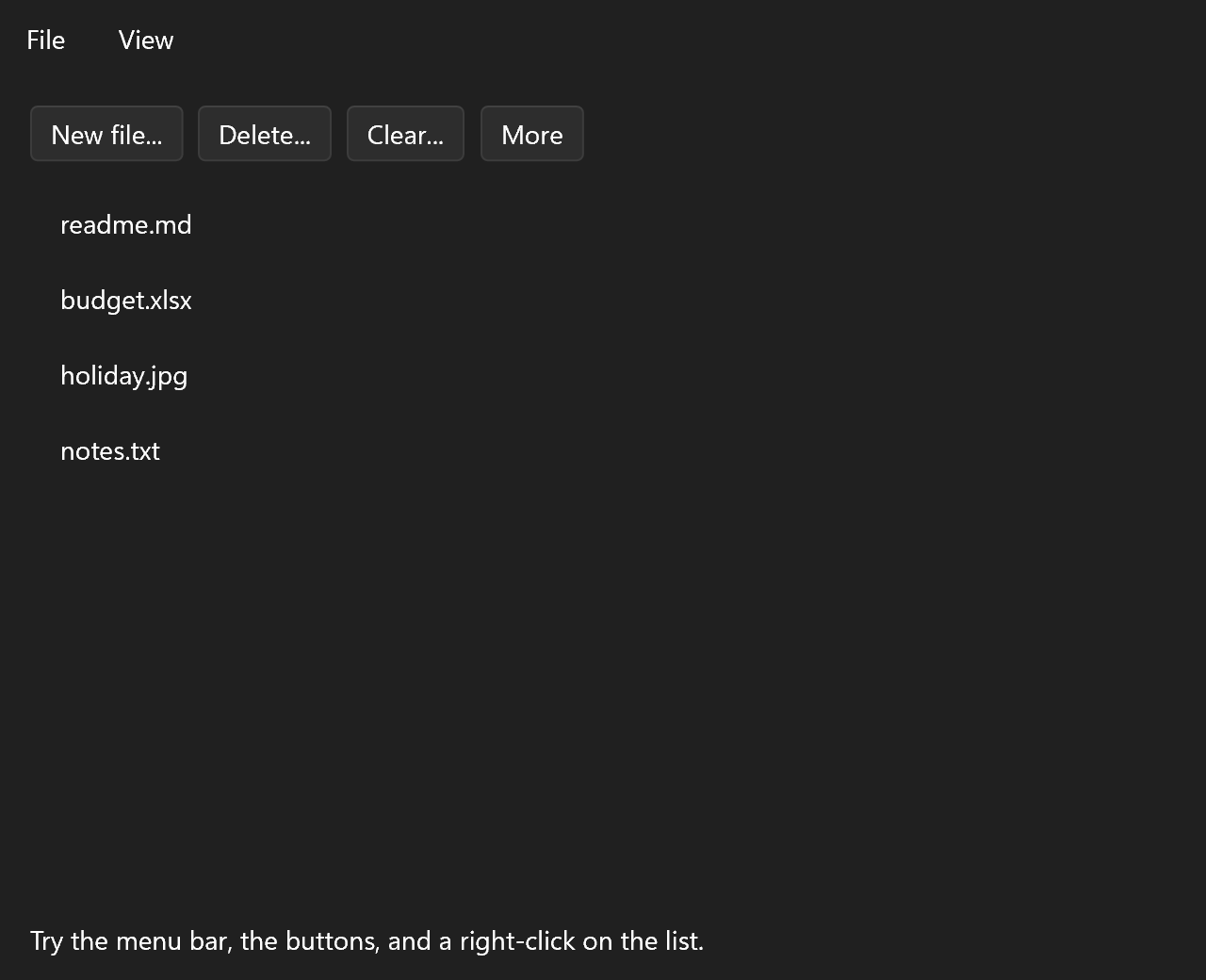 The menus example: a menu bar, buttons and a file list