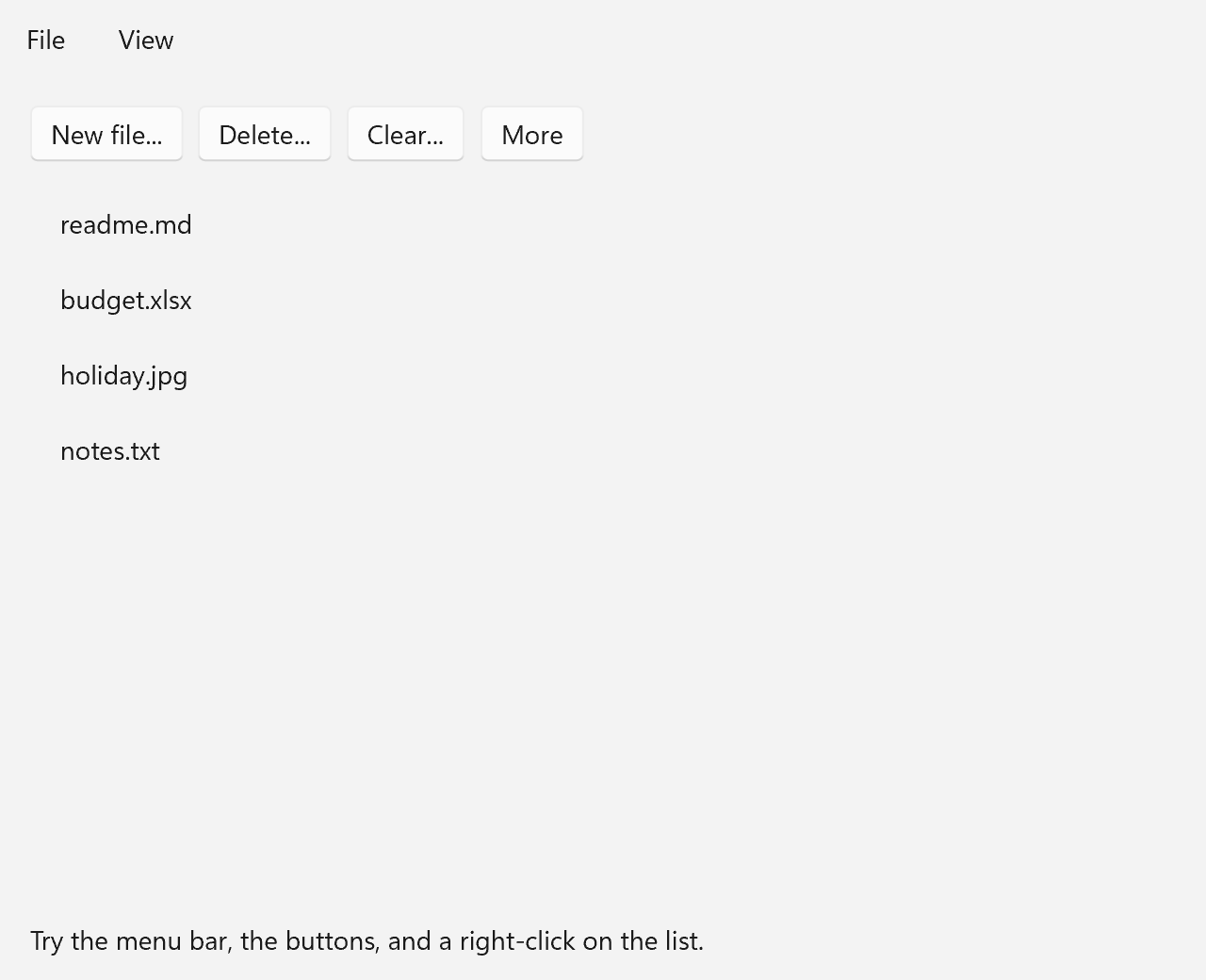 The menus example: a menu bar, buttons and a file list